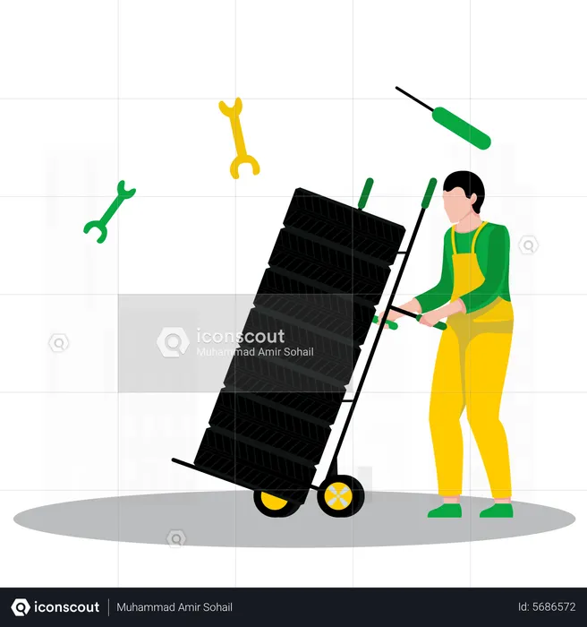 Car mechanic pushing tire cart  Illustration