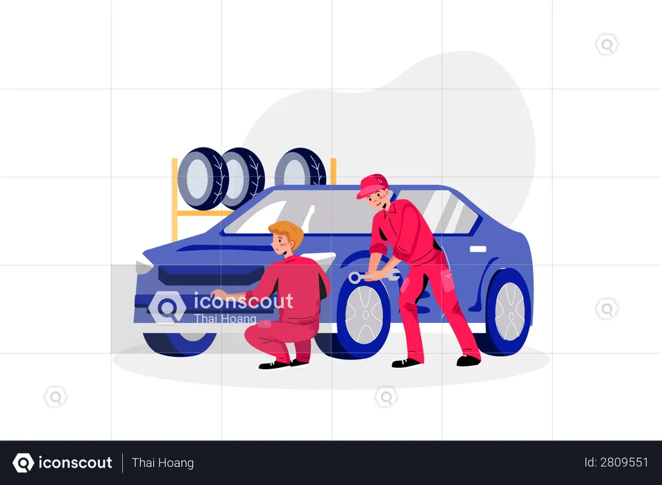 Car mechanics changing car tire  Illustration