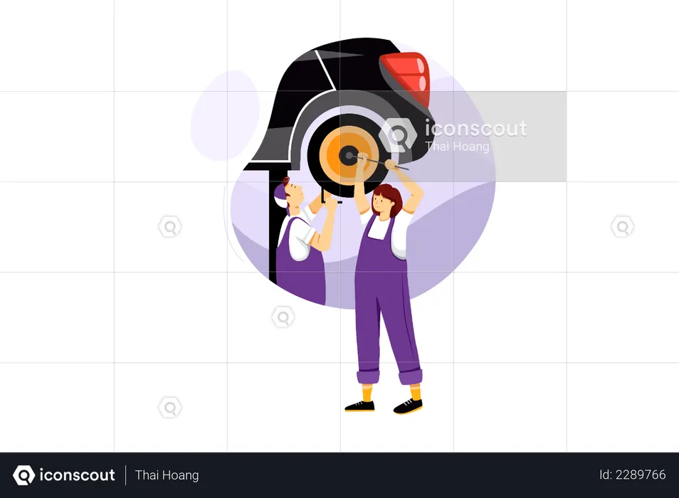 Car mechanics changing car tyre  Illustration