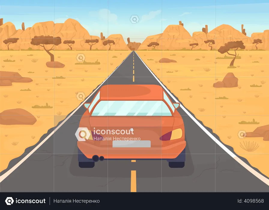 Car on desert road  Illustration