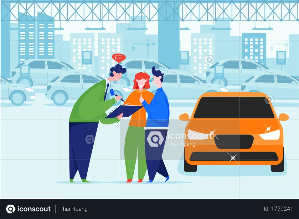 Car owner signing car contract with car agent  Illustration