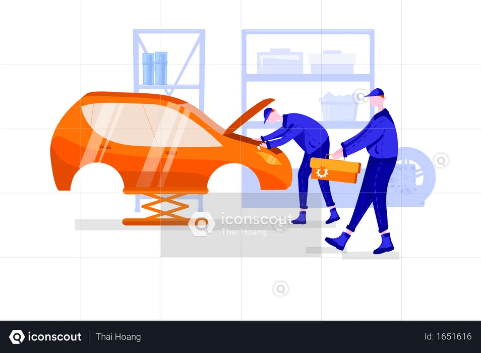 Car repair in garage by worker  Illustration