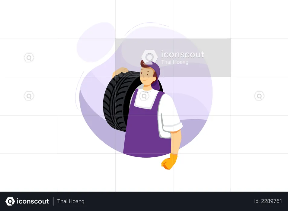 Car repairman holding tyre  Illustration