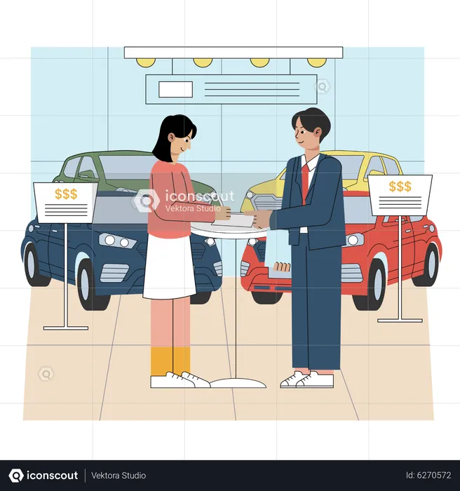 Car salesman discussing with customer  Illustration
