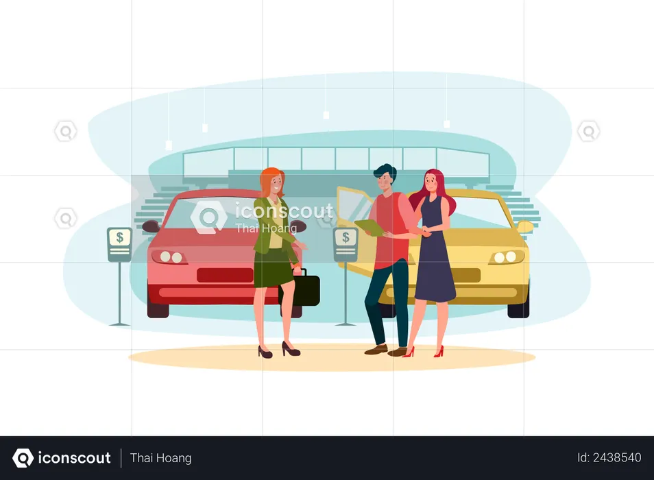 Car showroom manager giving detail about car to couple  Illustration