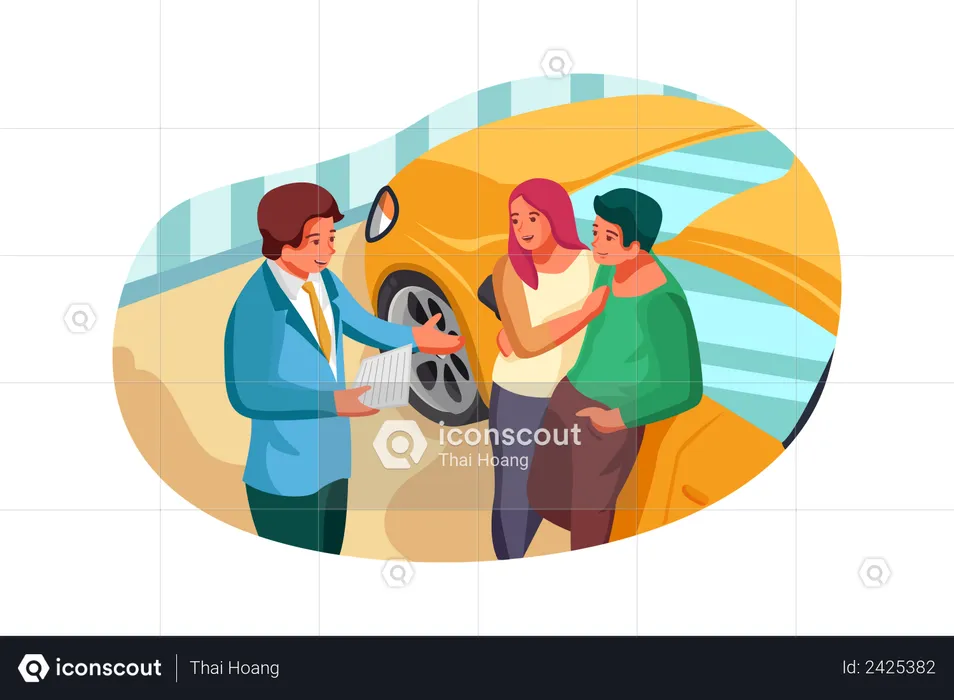 Car showroom manager giving detail about car to couple  Illustration