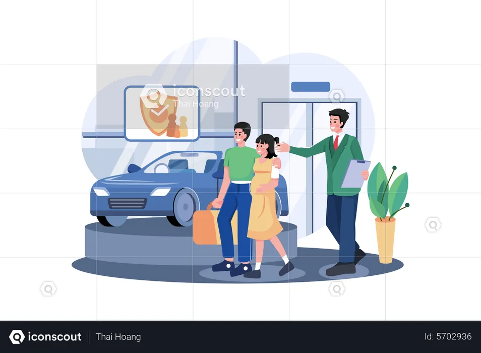 Car showroom manager giving details about the car to a couple  Illustration