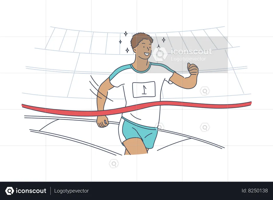 Corredor de atleta atravessa a linha de chegada com fita na corrida humana  Ilustração