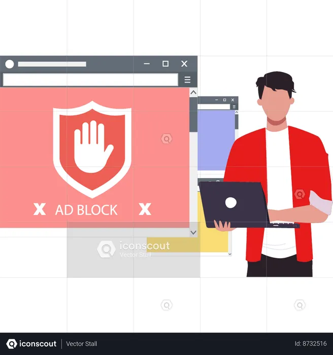 Cara mostrando adblock em navegadores diferentes.  Ilustração