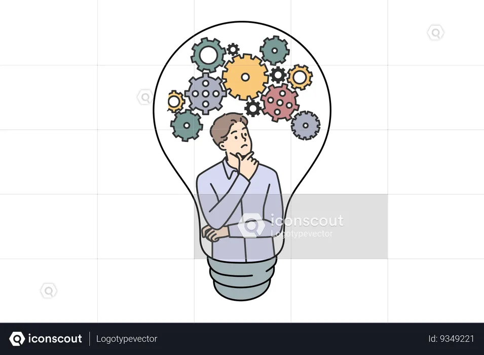 Cara pensativo surge com uma nova ideia coçando o queixo e olhando para as engrenagens dentro da lâmpada  Ilustração