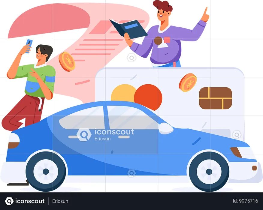 Caras pagando apólice de seguro de carro usando cartão  Ilustração