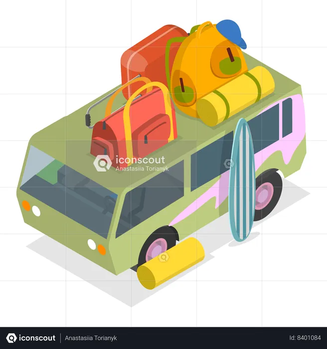 Caravan camping trailer loaded with tourist bags  Illustration