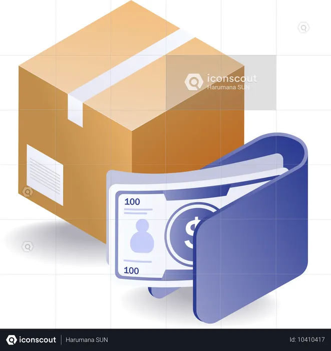 Cardboard package of goods with money in wallet  Illustration