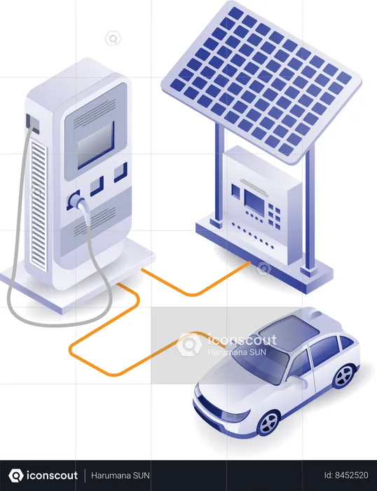 Carga de carro elétrico com energia de painel solar  Ilustração