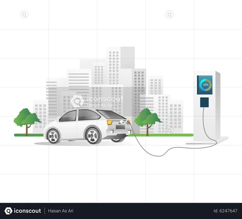 Carga de coches eléctricos en la estación de la ciudad  Ilustración