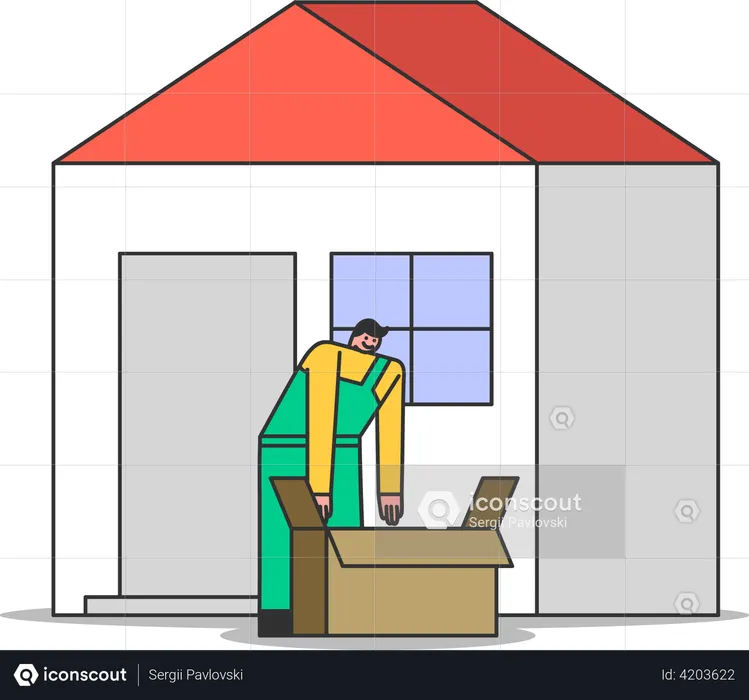 Cargador descargando caja de cartón  Ilustración