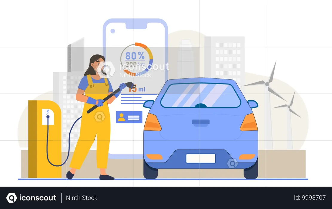 Carga de coche eléctrico en la estación de carga  Ilustración