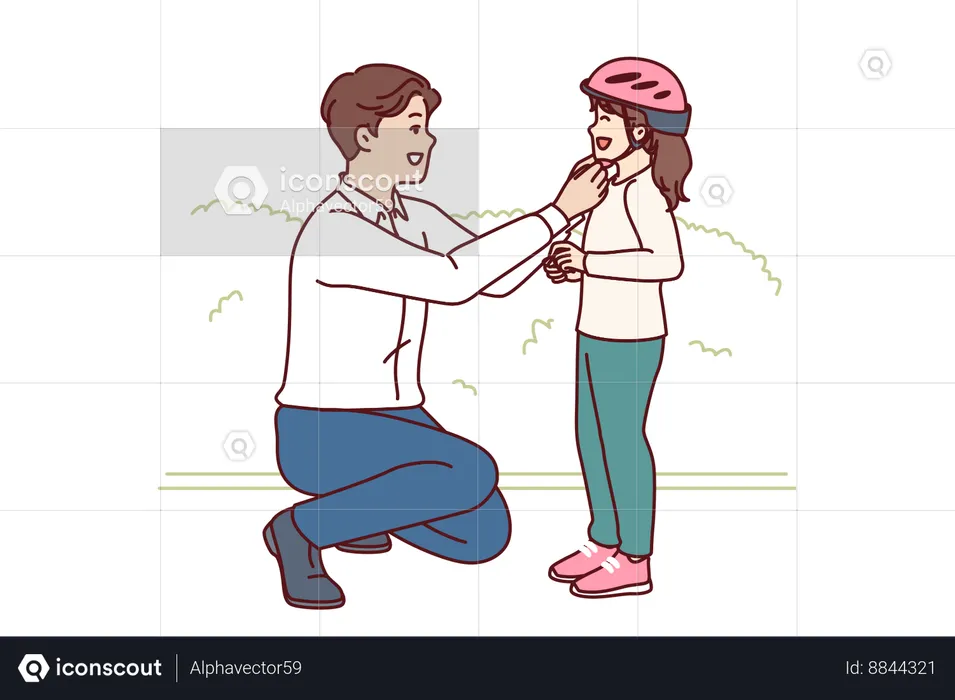 Caring father putting bicycle helmet on daughter's head  Illustration