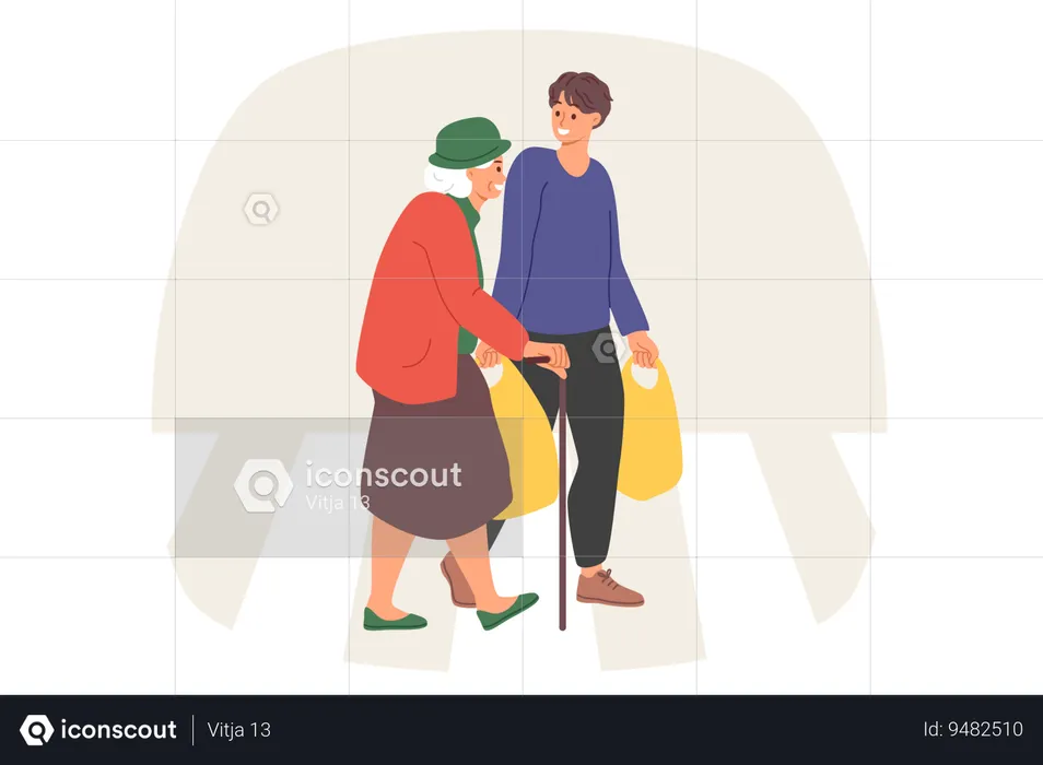 Caring man helps elderly woman carry heavy bags home and talks with grandmother with smile  Illustration