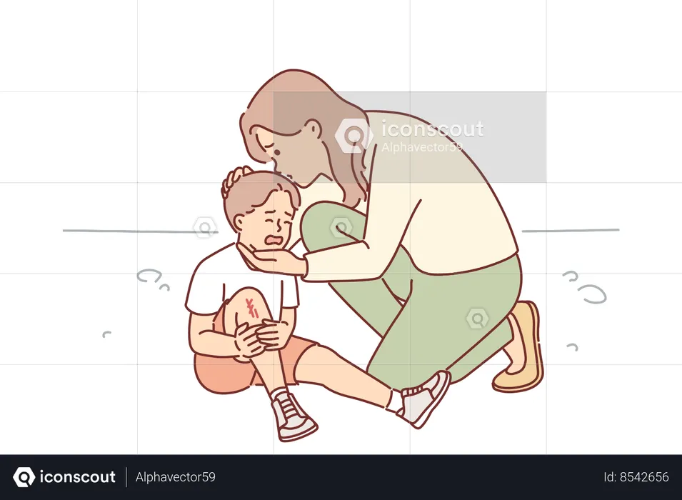 Caring mother consoles crying son who injured knee in fall  Illustration