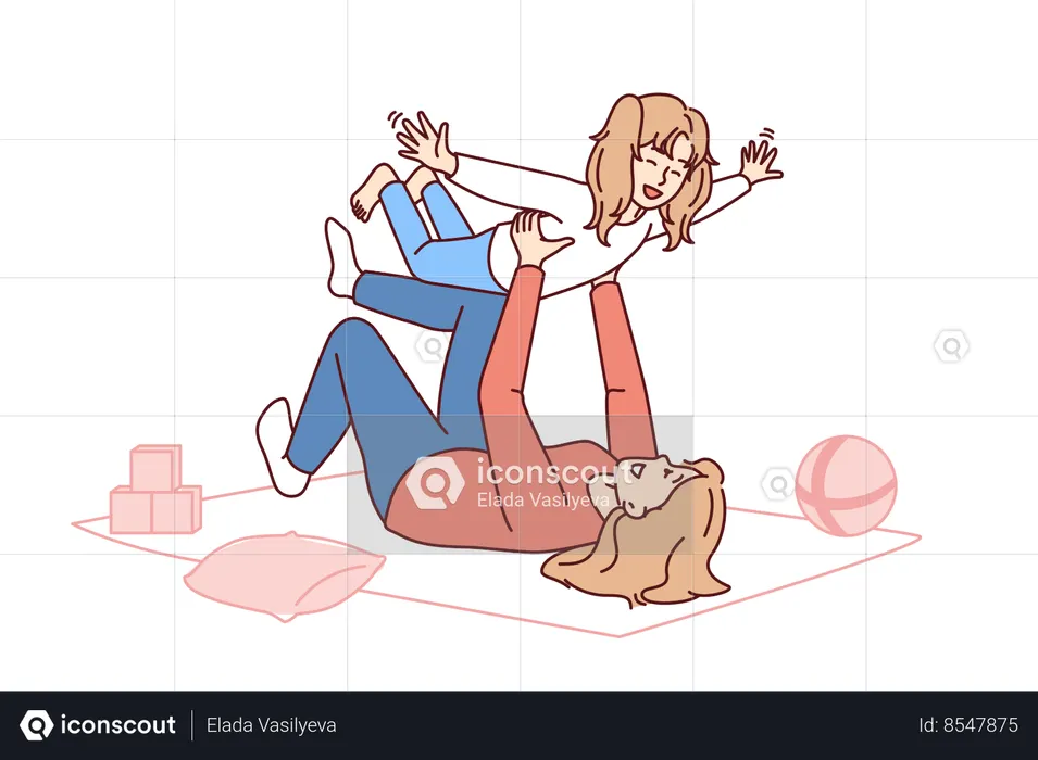 Caring mother lying on floor lifts laughing daughter enjoying playing with child  Illustration