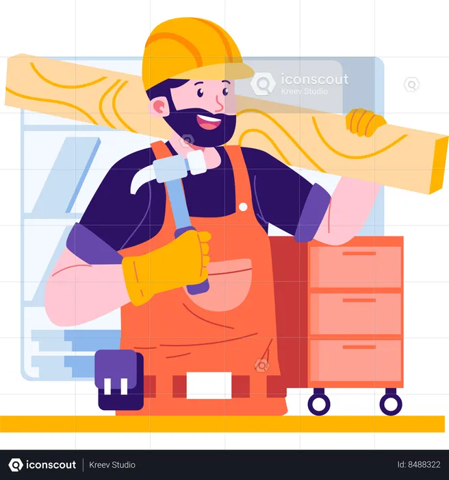 Carpenter carrying hammer and wooden plank  Illustration