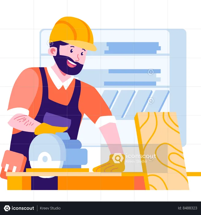 Carpenter cutting planks using cutting machine  Illustration