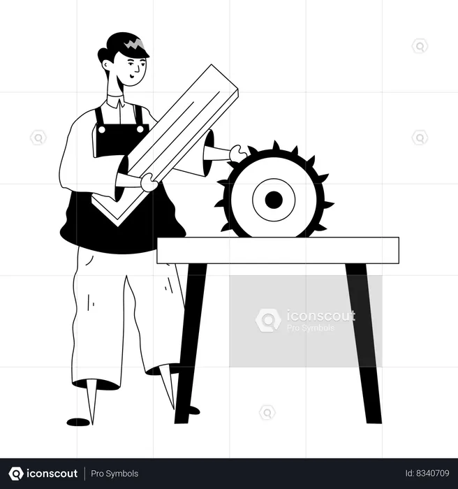 Carpenter cutting wooden on sawing machine  Illustration