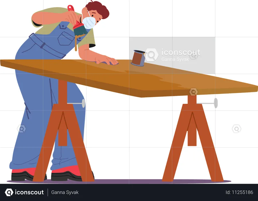 Carpenter Diligently Applying Varnish To Wooden Table In Workshop Environment Using Brush  Illustration