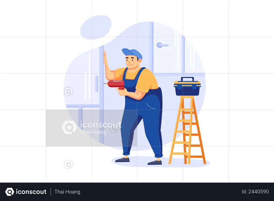 Carpenter drilling on wall  Illustration