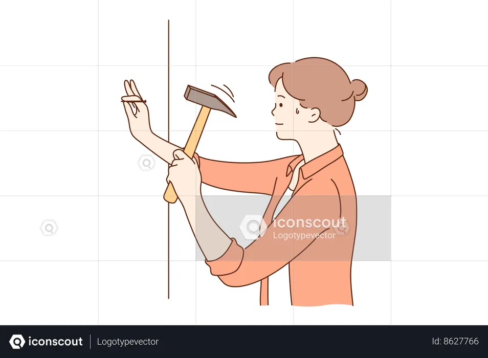Carpenter is hammering screw in wall  Illustration
