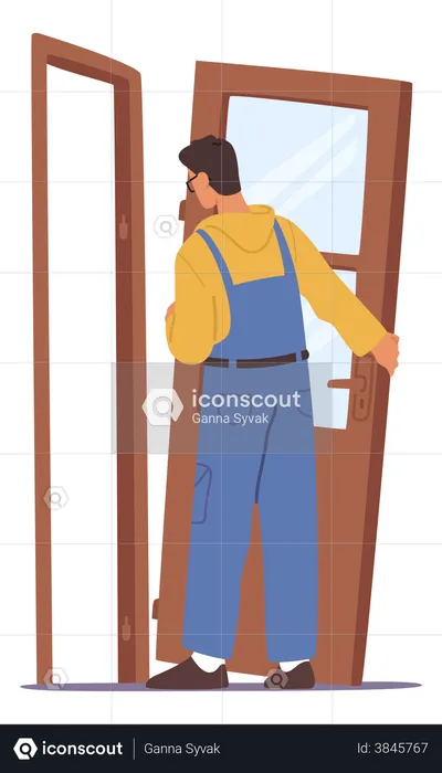 Carpenter repairing doors  Illustration
