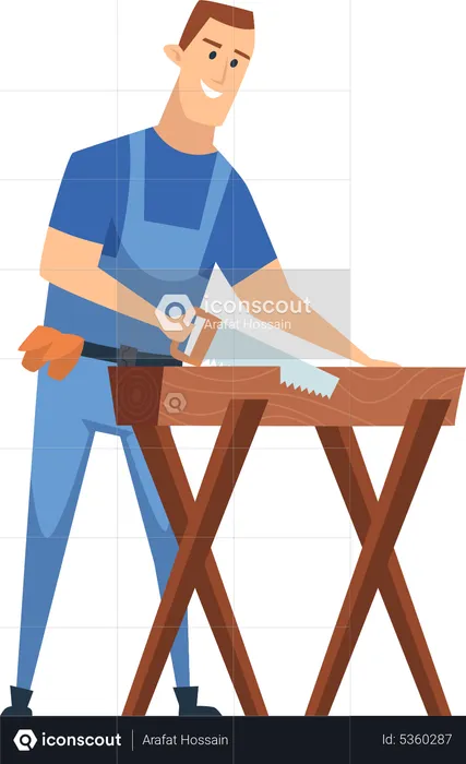 Carpenter with hand saw and wood plane  Illustration