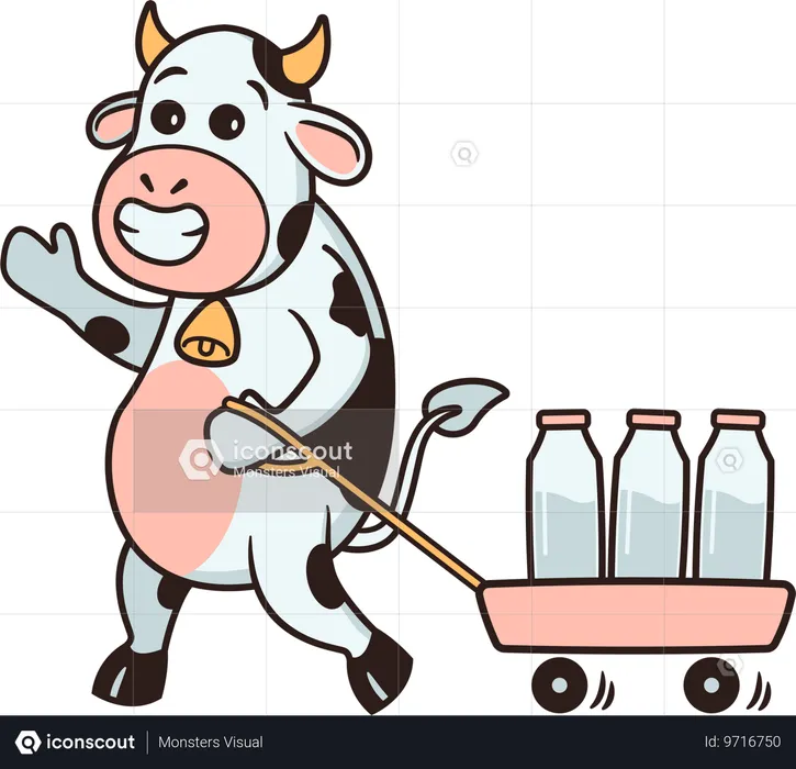 Vaca puxando carrinho de garrafa de leite  Ilustração