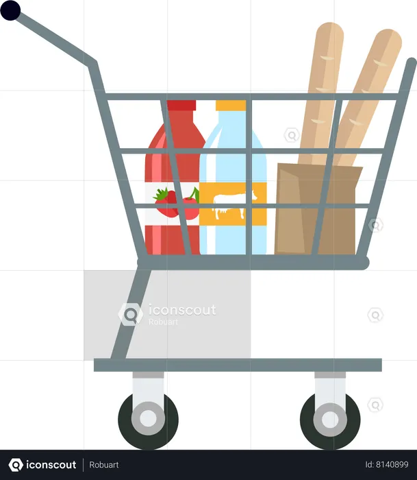 Carrito de compras con productos  Ilustración