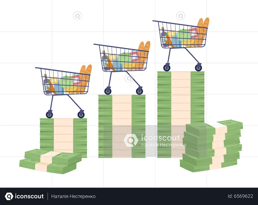 Carros de compras de pie sobre la pila de billetes  Ilustración