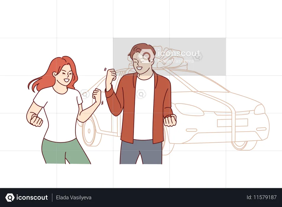 Carro de presente com bônus grande fica perto de casal feliz que ganhou automóvel na loteria  Ilustração
