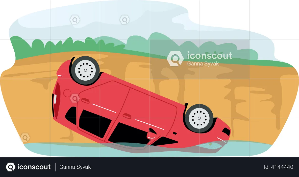 Carro quebrado cai de penhasco na água  Ilustração