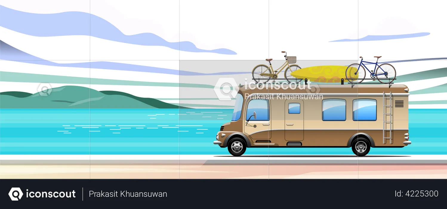 Carry bicycles and surfboard on vintage van  Illustration