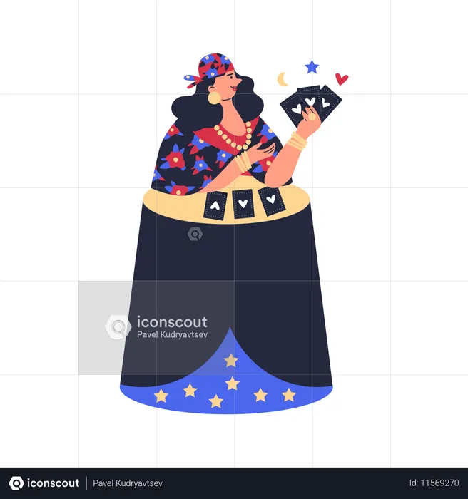 Mulher cartomante cigana com cartas  Ilustração