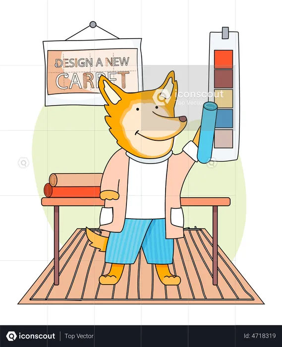 Cartoon character cute fox standing in childrens room  Illustration
