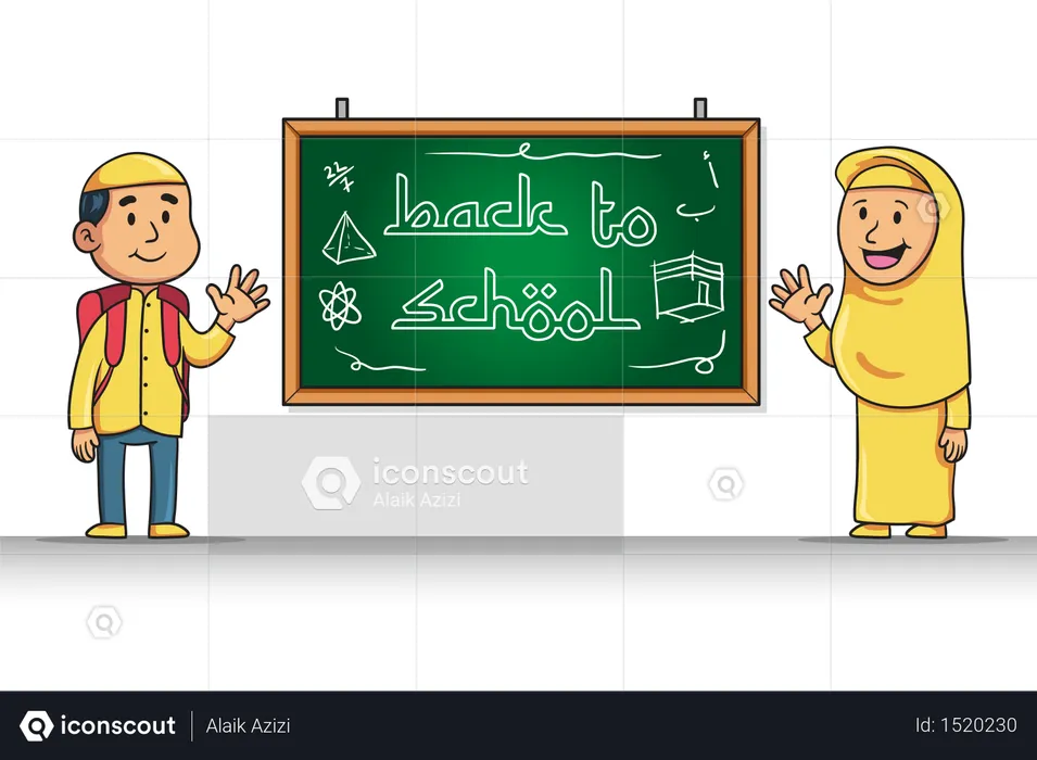 Cartoon Character Of Moslem Student Give Back To School Greeting  Illustration