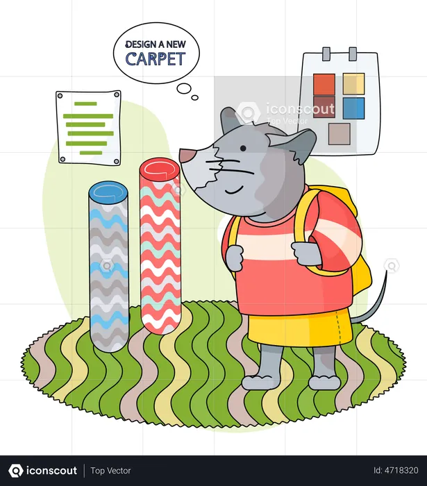 Cartoon character standing with backpack in childrens room  Illustration