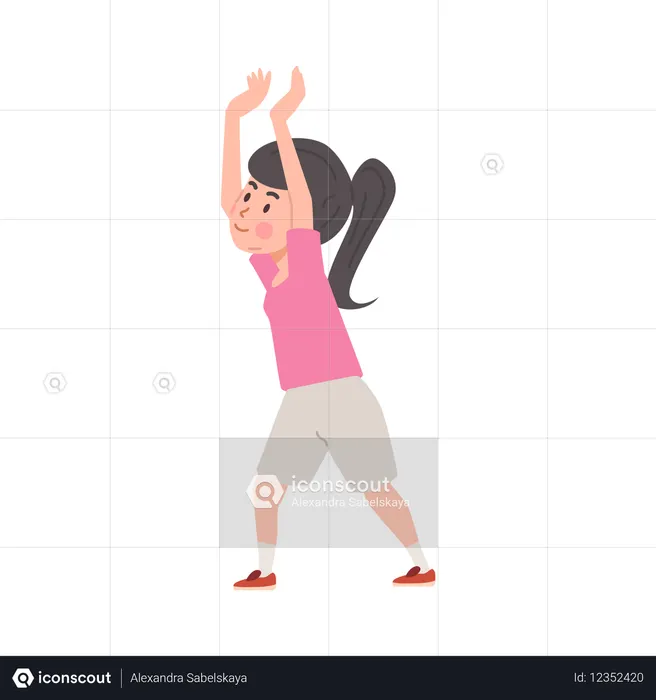ピンクのスポーツウェアを着た漫画の女の子のバレーボール選手が手を上げてボールを打つ  イラスト