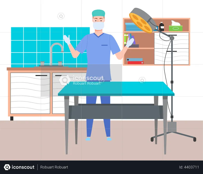 Cartoon male doctor in the medical office in gloves and face mask  Illustration