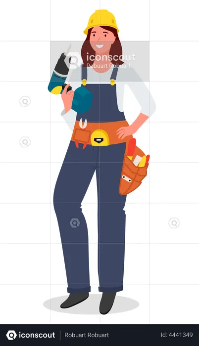 Cartoon mechanic or locksmith woman using a cordless screwdriver repairs a part in a workshop  Illustration