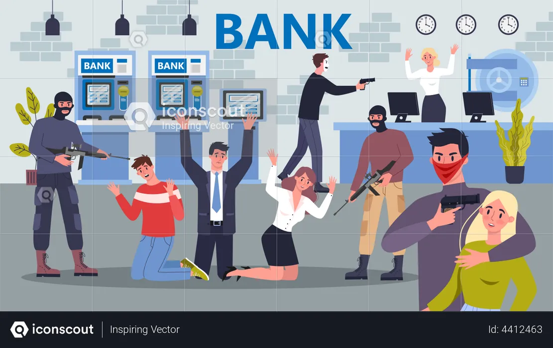 Cartoon style illustration of bank robbery. Theft in bank.  Illustration