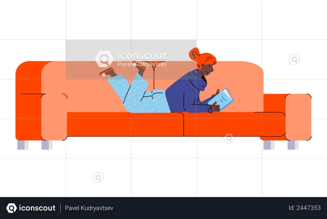 Cartoon woman reading a book lying on her stomach on orange sofa  Illustration