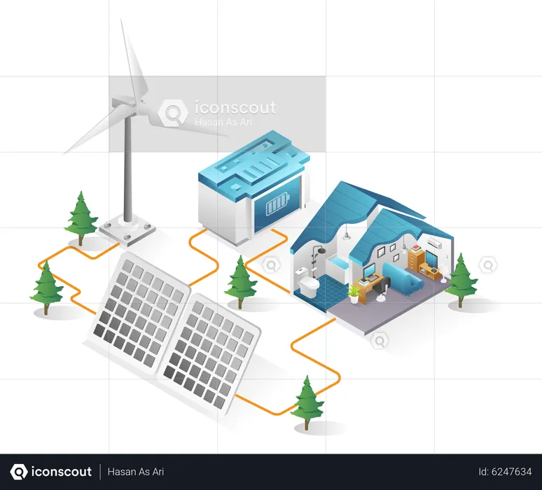 Casa alimentada con energía solar  Ilustración