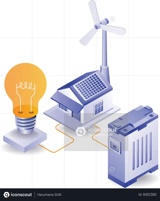 Casa con energía eléctrica de paneles solares.  Ilustración